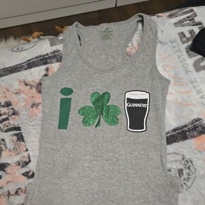 Guinness Gray Tank with Green Glitter Shamrock and Black Pint Graphic